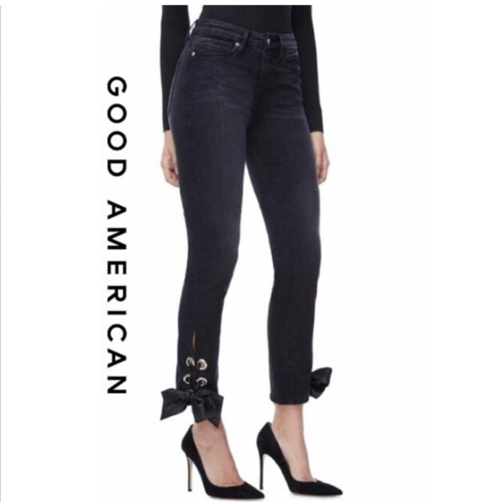 Good American Black Straight Leg Ankle Lace Up Ribbon Womens Jeans 00
